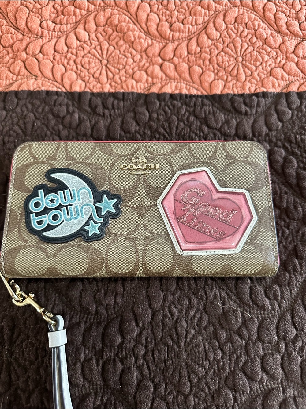 Coach Brown Monogram Zip Wallet with Pink & Blue Patch Accents EUC